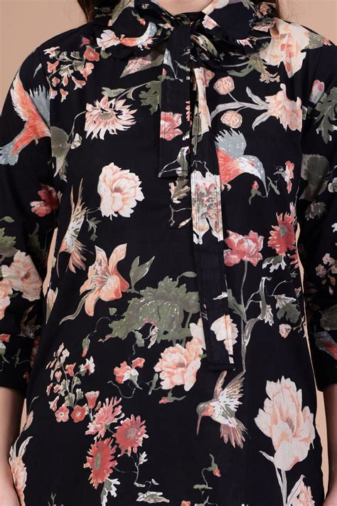 Zoya black flower printed cotton co-ord set with collar neck and belt ...