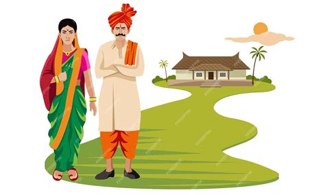 Premium Vector | Maharashtra man and woman in traditional dress standing in front of rural home