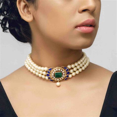 Buy Silver Gold Plated Blue Centre Pearl Choker Online - Unniyarcha ...