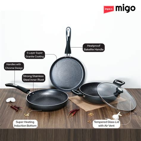 IMPEX Migo Nonstick Granite 4 Pcs Festival Gift Set FKT(G), 5-Layer Su ...