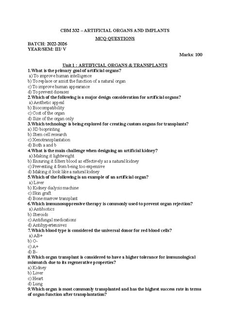 CBM 332 - Artificial Organs & Implants MCQs for Exam Preparation - Studocu