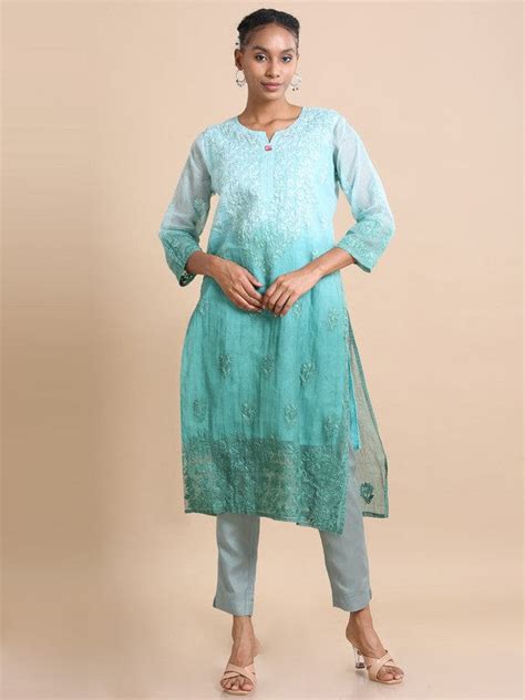 Mud green 3/4th sleeves Kota Chikankari Loose fit Calf length Kurta ...
