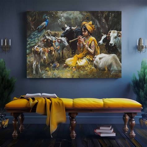 The Divine Cowherd : Krishna Canvas Wall Painting (36 x 24 Inches ...