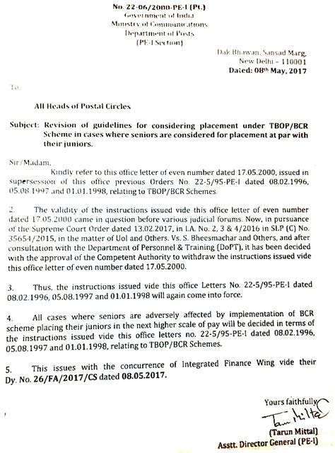 Revision of guidelines for considering placement under TBOP/BCR Schemes