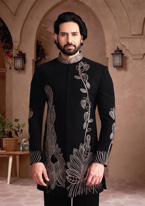 Black Regal Jodhpuri Suit with Metallic Floral Embroidery – Raja selection