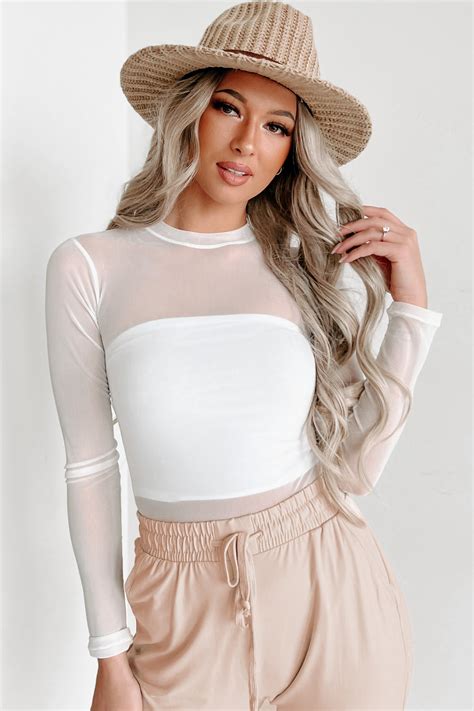 Doorbuster- Sheer Chicness Long Sleeve Mesh Bodysuit (White) · NanaMacs