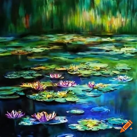 Pond with water lilies reminiscent of monet's paintings on Craiyon