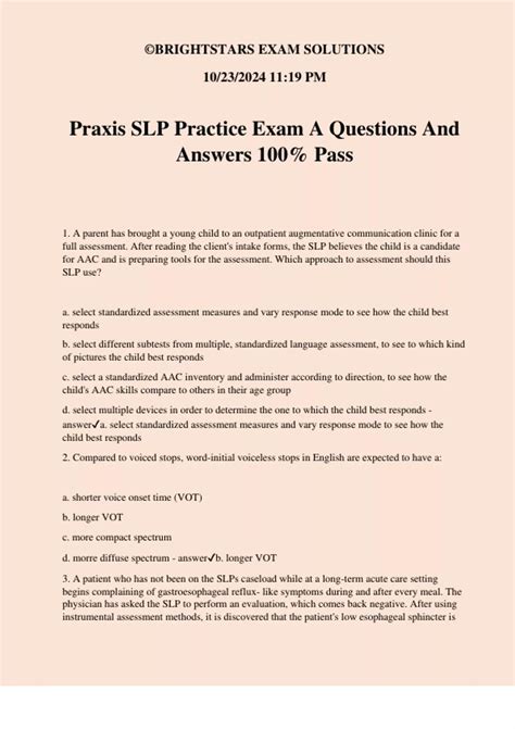 Praxis SLP Practice Exam A Questions And Answers 100% Pass - SLP Praxis ...