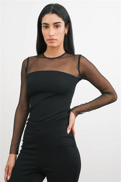 Sheer Black Long Sleeve Blouse - Astra Mesh Top | Marcella | Black ...