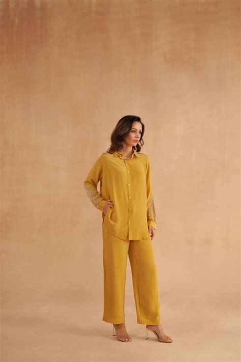 Mustard Yellow Crepe Silk Shirt with Chintz-Inspired Embroidery with S ...