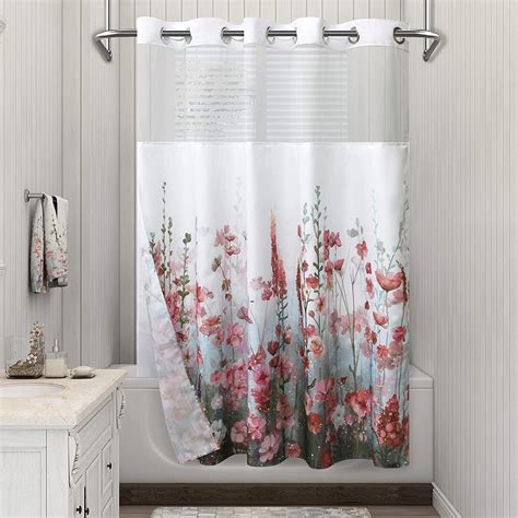 Afuly No Hook Shower Curtain with Snap in Liner Pink Flower Floral Fabric Bathroom Shower ...