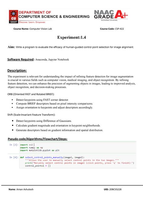 Computer Vision - Experiment:1. Aim: Write a program to evaluate the ...