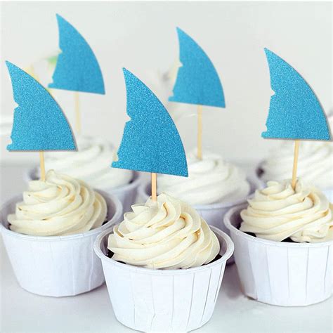 Buy 24-pack Glitter Shark Fin Cupcake Toppers, Shark Themed Pool Party ...