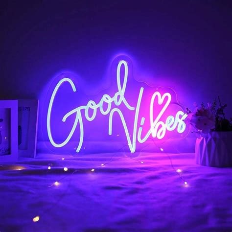 40*28cm 1pc "Good Vibes" Pink Heart Letter Neon Lamp, USB Powered ...