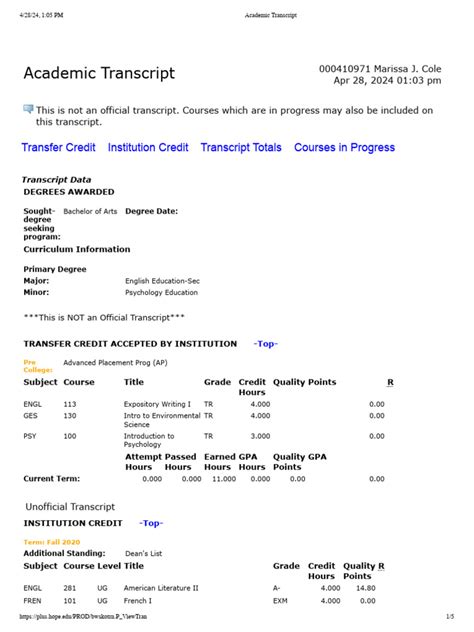 Image result for Unofficial Transcript Sample