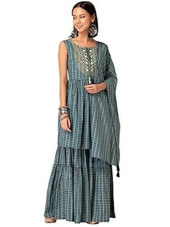 Buy Indya Blue Printed Cotton Sharara with Geometric Print Short Kurta ...