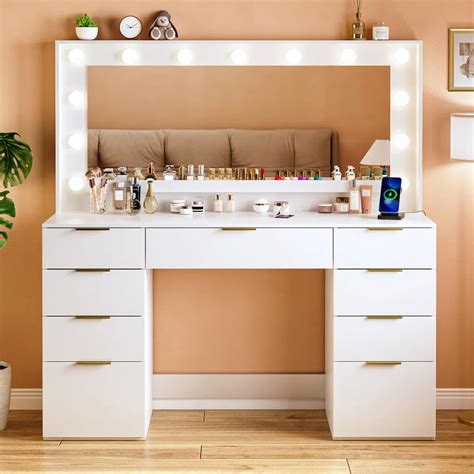 Vanity Table with Lighted Mirror, 9 Drawers, Built-In Power Outlet, and ...