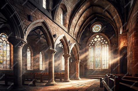 Premium Photo | Interior of old stone church with arched windows and ...