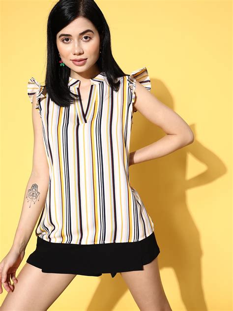 Women Yellow, White, & Black Striped Print Mandarin Collar Neck Crepe ...