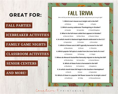 Printable Fall Trivia Game for Kids and Adults, 10 Fall Trivia ...