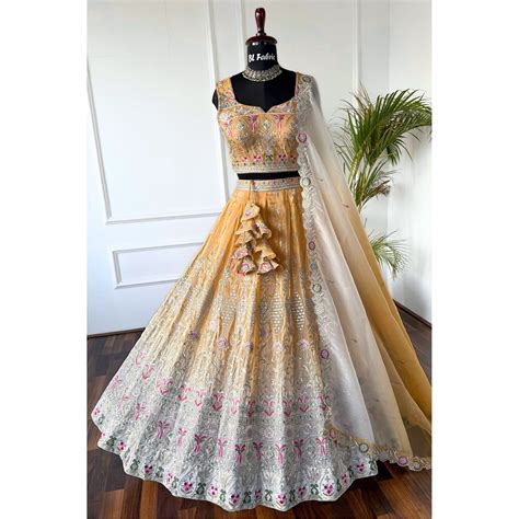 Shading Yellow color Zari Thread work Designer Wedding Lehenga Choli B ...