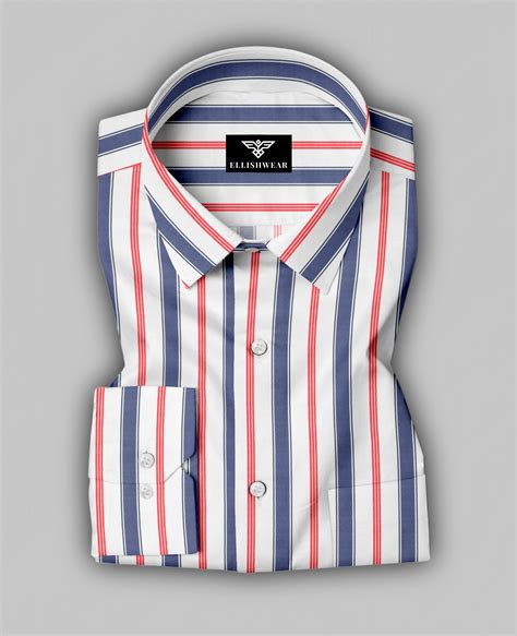 Designer White Striped Formal Shirt with Red & Blue Pattern – Ellish Wear