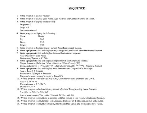 Program List - QUESTIONS - SEQUENCE Write program to display “Hello ...