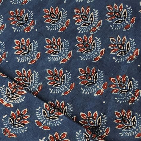 Pure Cotton Ajrak Rust Blue With Plant Motif Hand Block Print Fabric ...