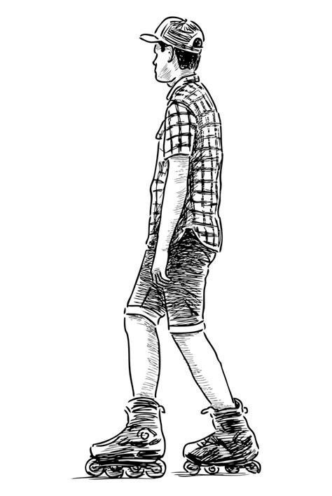 Roller skating school boy teenager real people sports sketch hand drawn ...