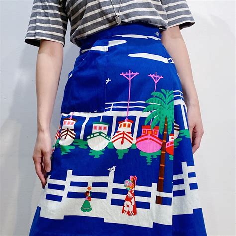70s blue and white cotton wrap skirt【173】 | LEMON