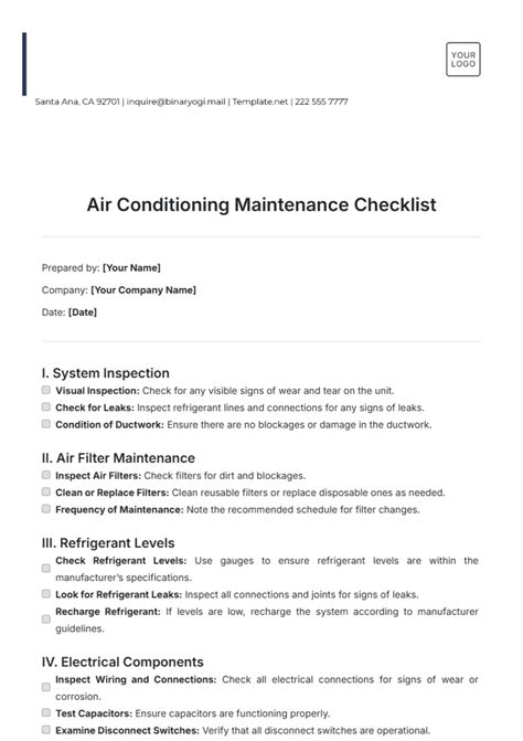 Free Air Conditioner Maintenance Checklist Template to Edit Online
