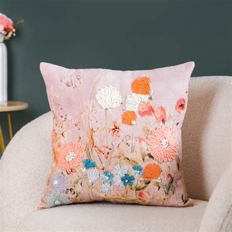 Flower Embroidered Couch Cushion Cover 16x16 Inch Online - Premium ...