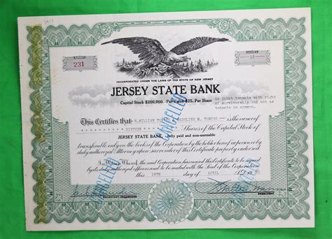 Stock certificate of Jersey State Bank (1960) - Chadbourne Antiques ...