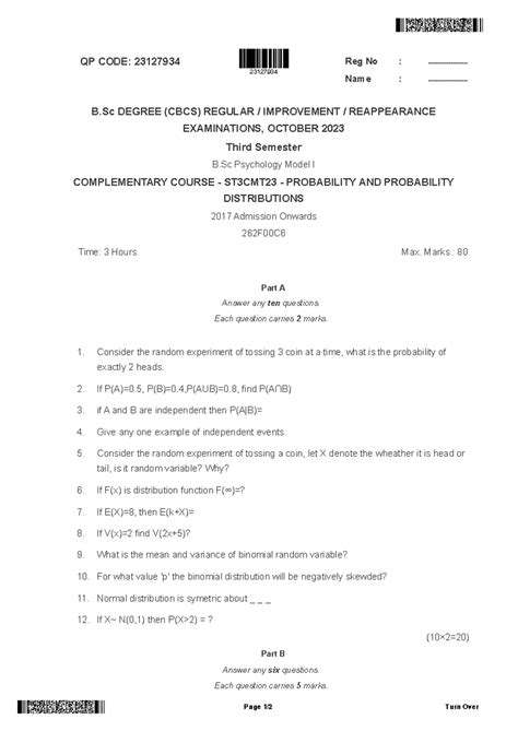 3rd sem stati previous yr qp - QP CODE: 23127934 Reg No ...
