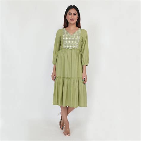 Buy Women Woven Rayon Balloon Sleeve Flared Dress Online at Rs. 1999 ...