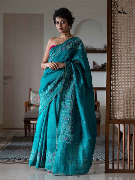 Linen Floral Embroidery Aqua Blue Saree|Forever Yours|Suta