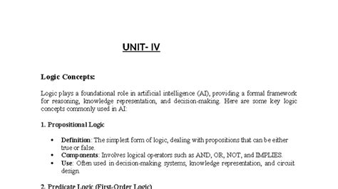 AI UNIT-4: Key Logic Concepts in Artificial Intelligence - Studocu