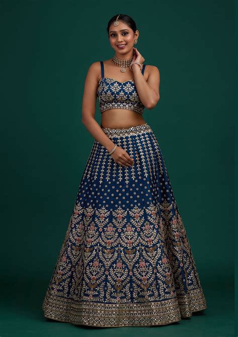 Buy Peacock Blue Gotapatti Raw Silk Semi Stitched Lehenga - Koskii