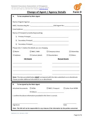 Fillable Online gia org Change of Agent / Agency Details Form D A ...