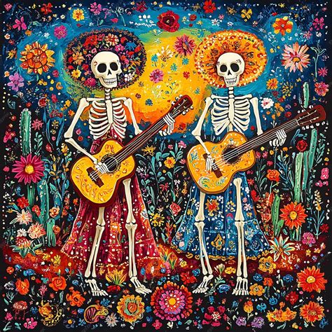 Traditional Mexican Folk Art with Skeletal Figures and Guitars ...