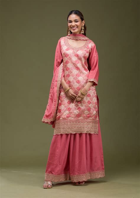 Buy Onion Pink Cording Dola Silk Readymade salwar suit - Koskii