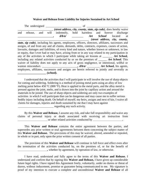 Art School Liability Waiver - Blank Fillable Template | Fill Out, Print ...