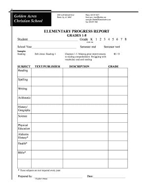 Fillable Online Elementary Progress Report - Golden Acres Christian ...