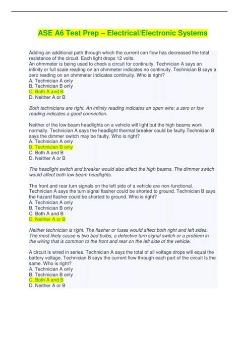 ASE A6 Test Prep – Electrical/Electronic Systems - Questions, Answers ...