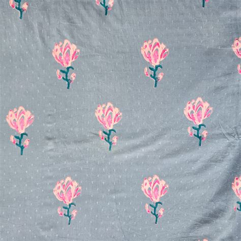 Pure Cotton Discharge Doby Blue With Pink Flower Motif Block Print Fab ...
