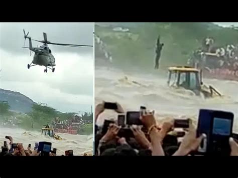 JCB with Driver Stucked in River Flood Helicopter and Team Lifted the ...