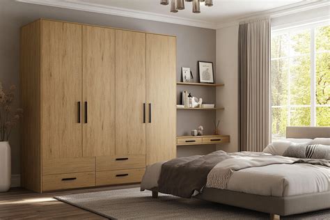 Contemporary Light Brown 4-Door Swing Wardrobe Design With Integrated ...