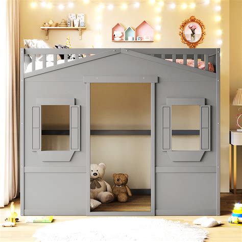 Harriet Bee Full Size Loft Bed With - Grey+white, Solid Wood ...