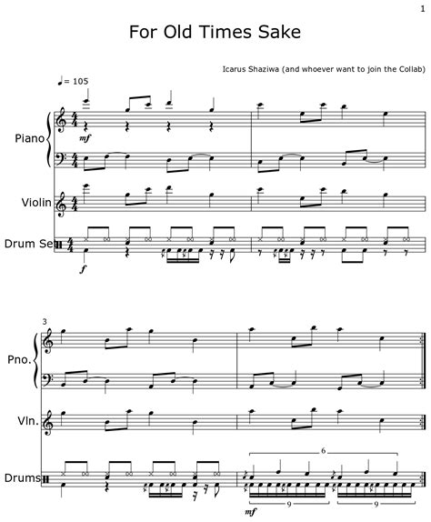 For Old Times Sake - Sheet music for Piano, Violin, Drum Set