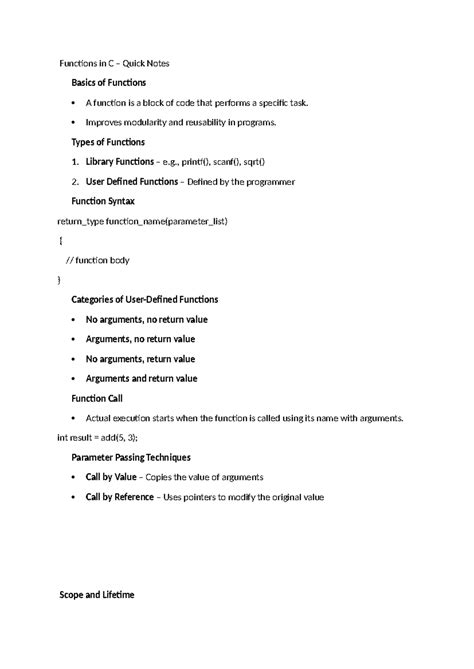 C Programming Functions: Quick Notes on Basics and Types - Studocu